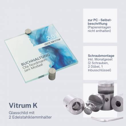 Türschild VITRUM K , Glasschild, Büroschild, Doppelglasschild